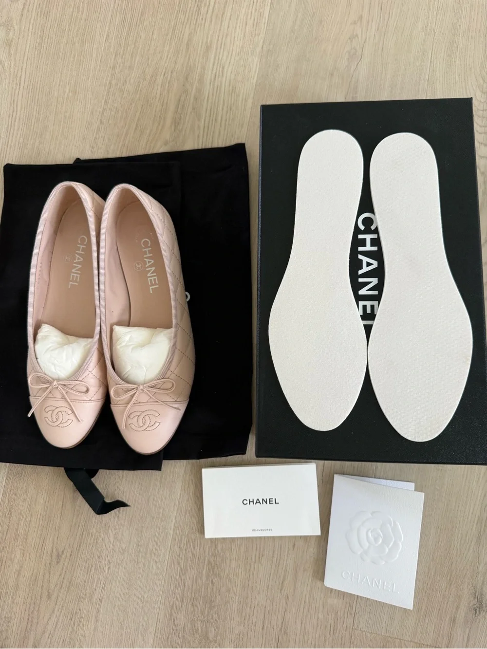CHANEL Light Blush Pink Quilted Ballet Flats with CC Logo